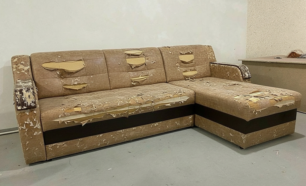 Антикварное кресло с резным деревянным каркасом и бархатной обивкой с узором в коричневых тонах в изношенном состоянии